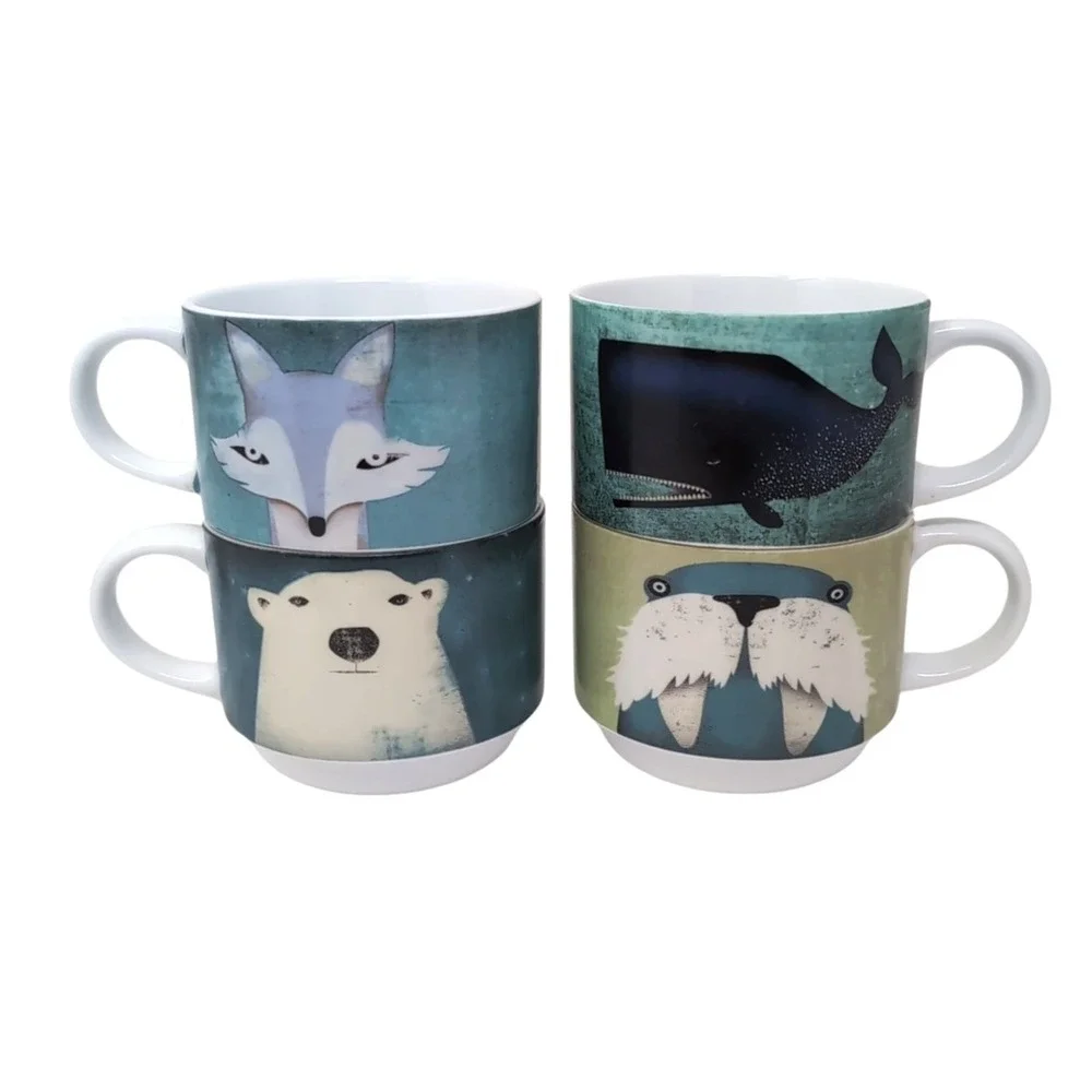 Pier 1 One Imports Stacking Mugs Set of 4 / Metal Stand Arctic Animals Porcelain
